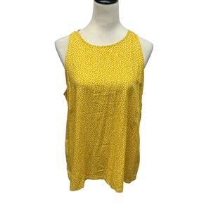 Polka Dot Classic Twee Sleeveless Blouse L Mustard Yellow High Neck Flowy Preppy